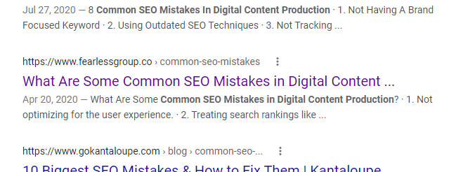 SERP for "common seo mistakes in digital content production"